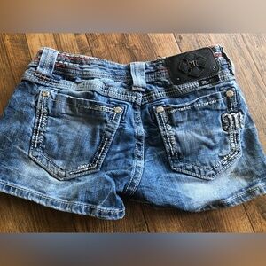 Miss Me Distressed Bling Shorts Size 27 Pink Blue Stitches Daisy Dukes Jean